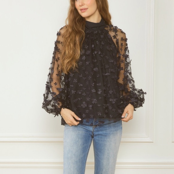 entro Tops - NEW black daisy floral appliqué organza bow blouse